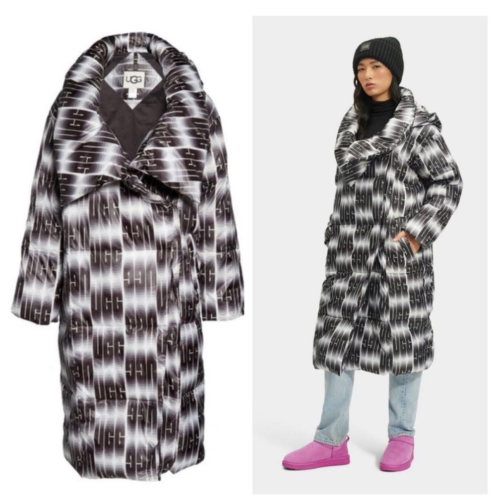 UGG Catherina Water Resistant Hooded Puffer Coat in Black /White Wavelength